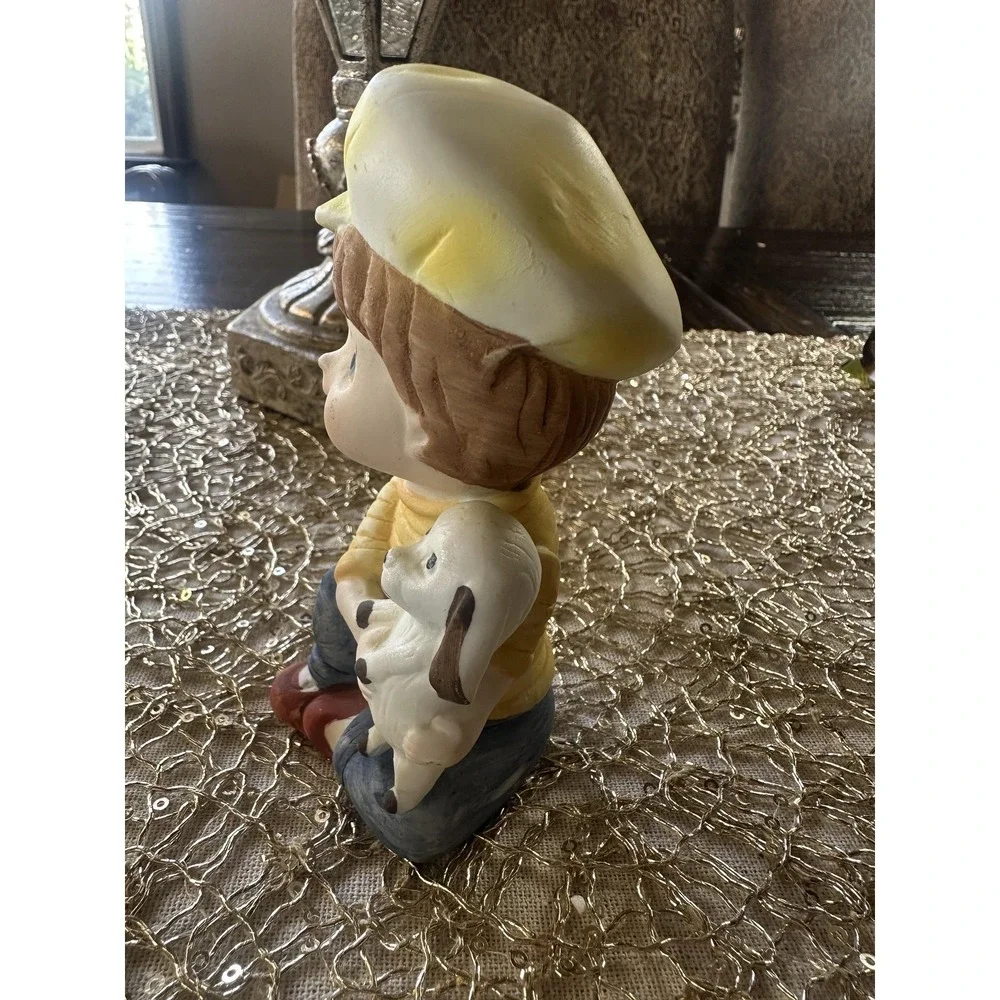 Vintage Korea Boy With Dog Ceramic Figurine Yellow Hat Red Shoes Decor‎ Kitsch